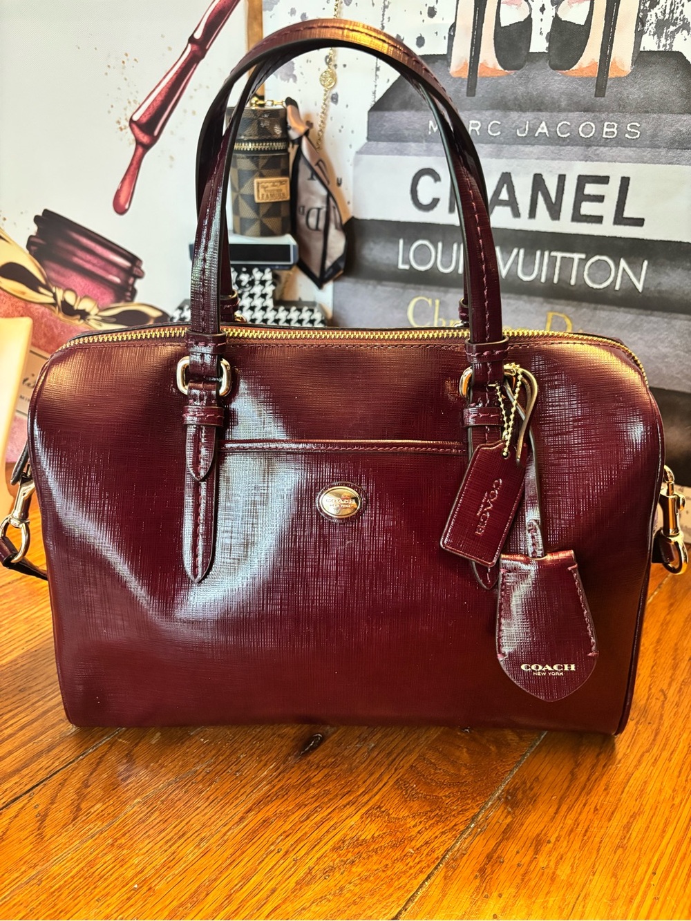 Coach Peyton Nancy Satchel F31403 Burgundy Oxblood Patent Crossgrain Leather EUC